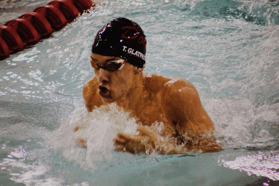Tanner Glatfelter swims the breaststroke in the 200 Medley Relay. 