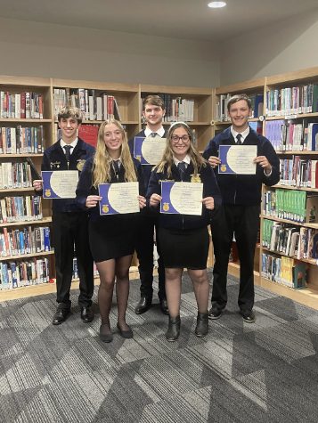 Five FFA members earn their Chapter Degrees. Back row: Jayce Corbin, Ryan Baldwin, and Isaiah Magee. Front row: Breanna Platts, and Jordan Hennessey