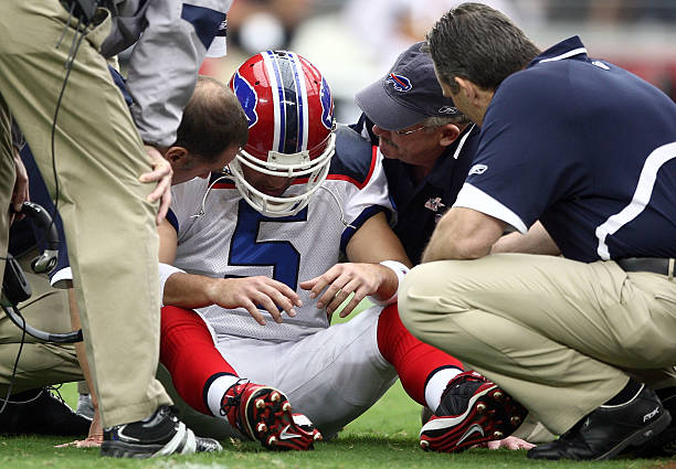 GLENDALE, AZ - OCTOBER 05: Starting Quarterback Trent Edwards #5 of the Buffalo Bills suffers a concussion after getting hit by Strong Safety Adrian Wilson #24 of the Arizona Cardinals during the first half of their NFL Game on October 5, 2008 at Stadium in Glendale, Arizona. (Photo by Donald Miralle/Getty Images)